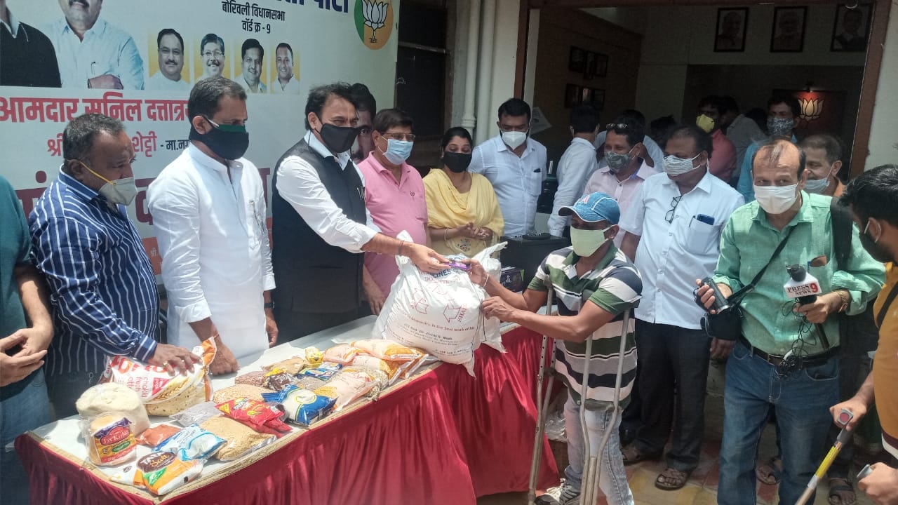 Ration Kits were distributed to Poor and Disabled People at BJP Public Relation Office,   Pragati Chowk Ward No. 9,  Borivali to help them in the difficult times caused due to Covid-19 Pandemic.  President of Marine Line Junior Chamber Charitable Trust Dr