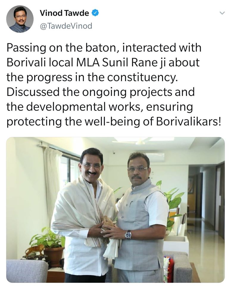 This baton comes with responsibilities. Honored to receive it from none other than Vinod Tawde ji.